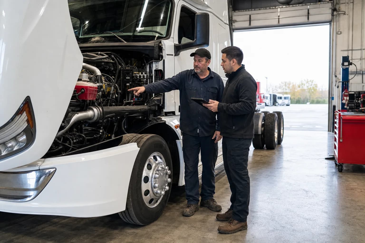 Wit Trucking Vfw Sioux Falls technician and buyer inspecting a truck engine